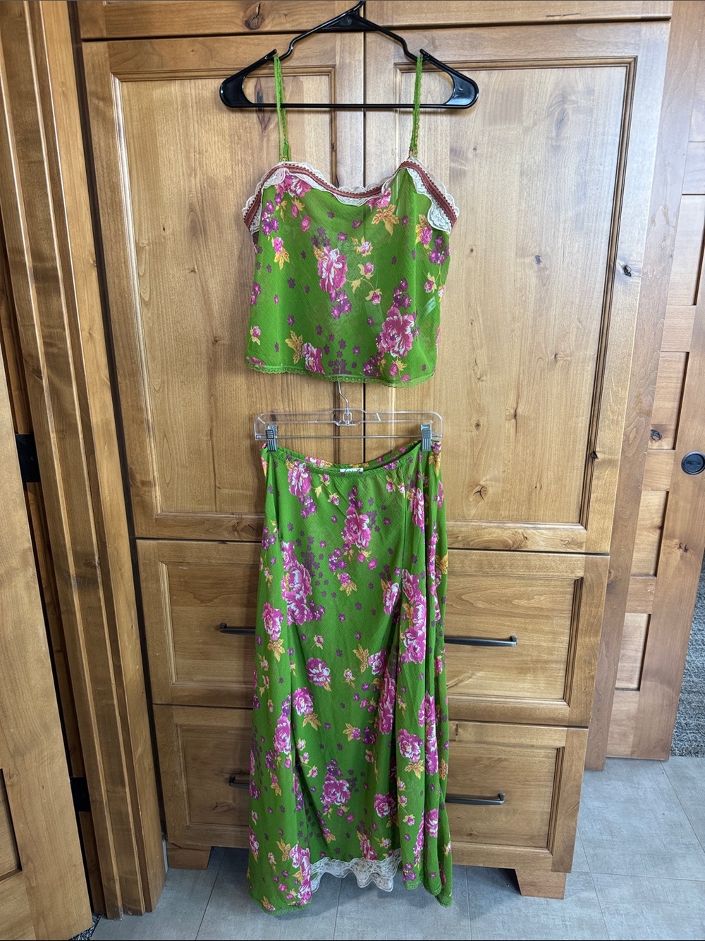 Intimately FP Green Floral Skirt Set with Pink Rose Print and Lace Trim